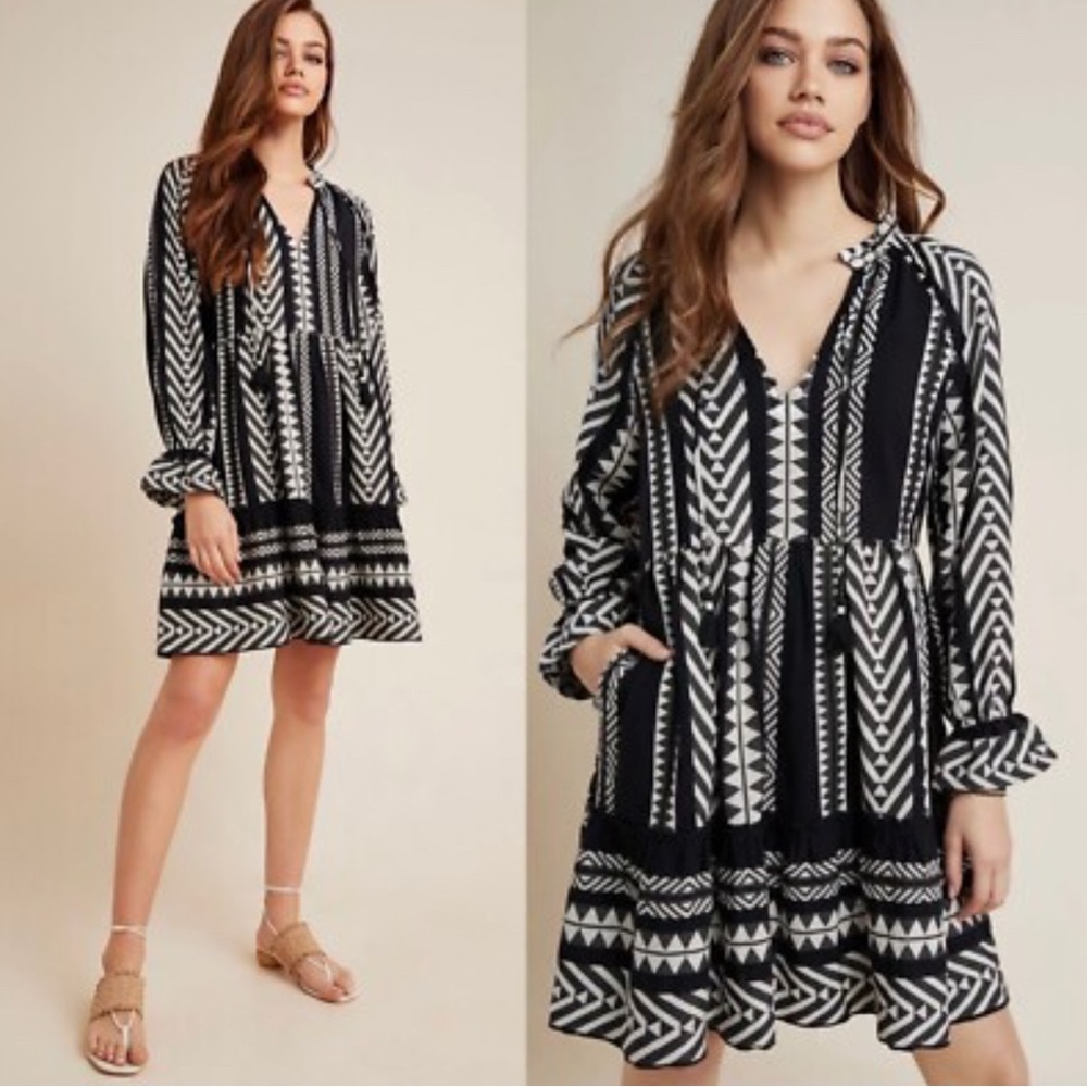 Anthropologie Dominique Tunic Dress Sz XS Maeve Black White Tribal Print - Picture 10 of 10